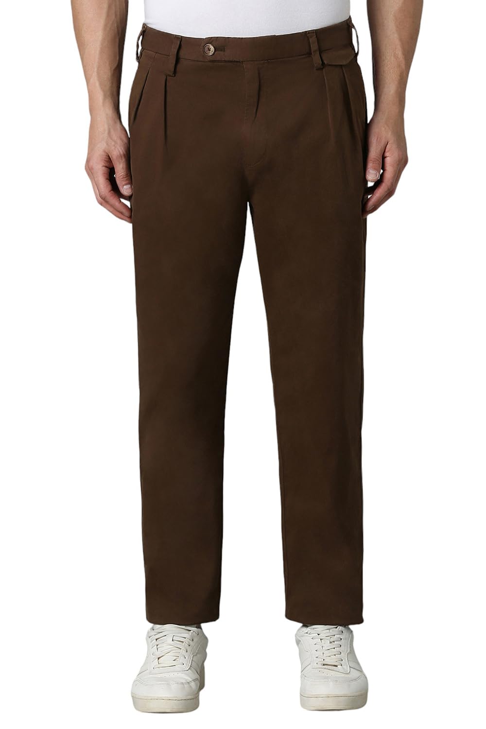 Men Brown Regular Fit Solid Pleated Casual Trousers