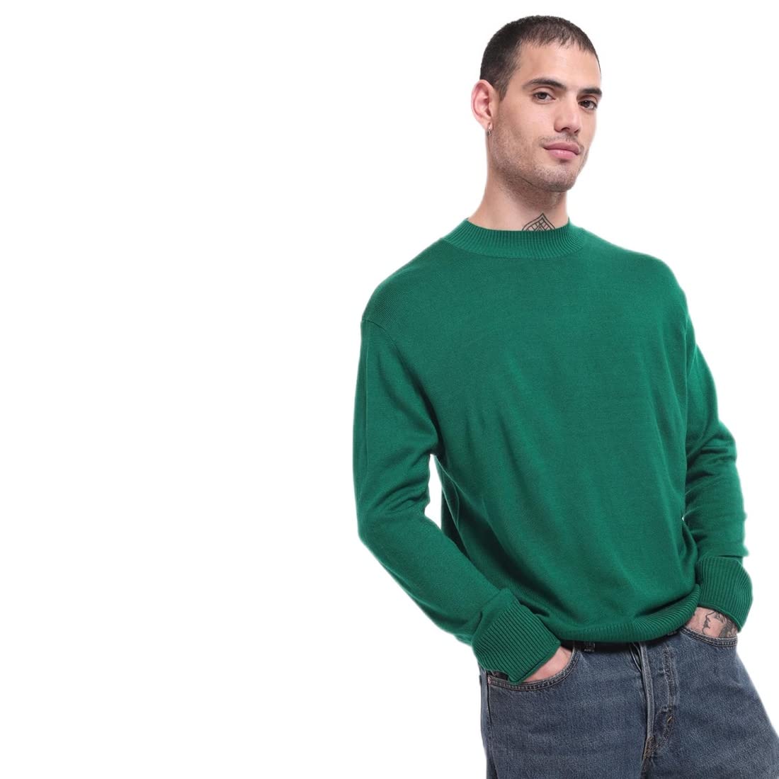 Bewakoof Mens Solid Oversized Fit Full Sleeve Round Neck Acrylic Sweater Green