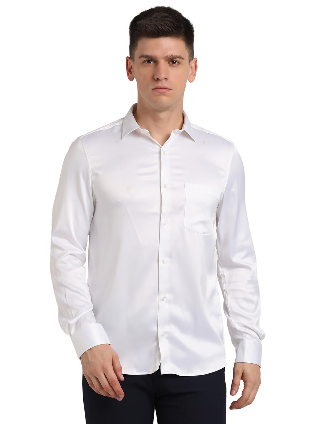 Turtle Men Poly Satin Solid Slim Fit White Party Shirt