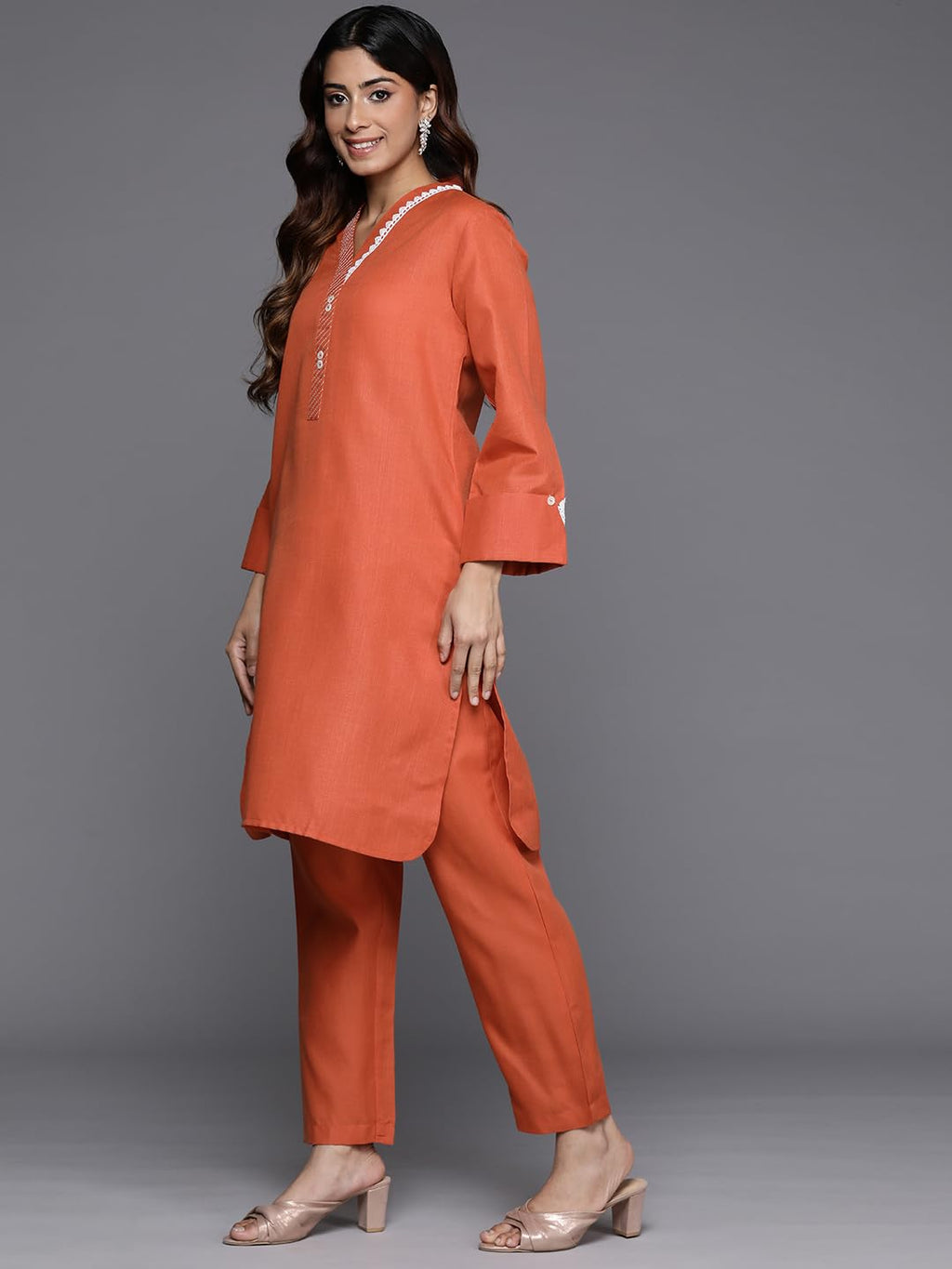 Varanga Women Orange Embroiderey And Lace Detailed Short Kurta With Btoom
