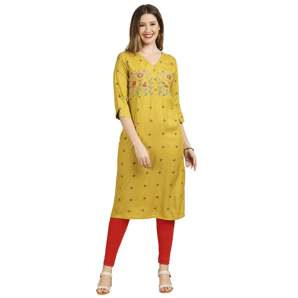 Anubhutee Women'S Rayon Green Thread Work Ethnic Motifs Printed Straight Kurta