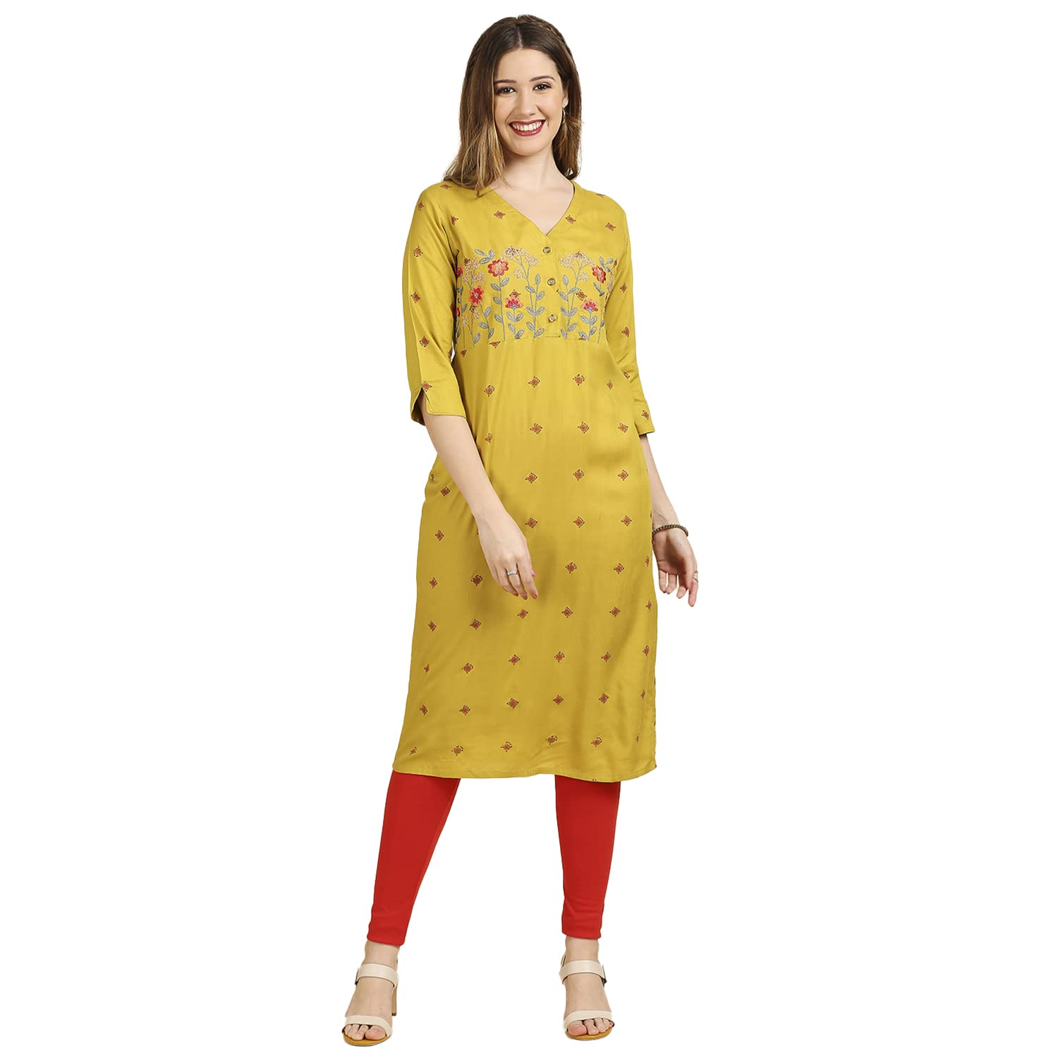 Anubhutee Women'S Rayon Green Thread Work Ethnic Motifs Printed Straight Kurta