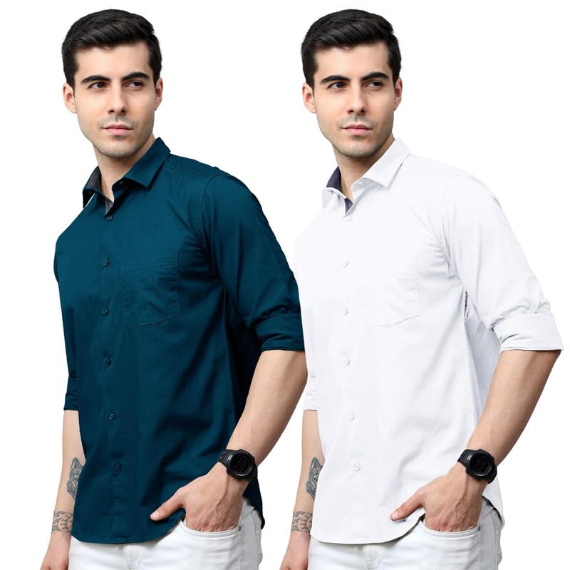 Tee Projekt Cotton Shirt for Men ll Front Pocket Shirt ll Stylish Long Sleeve Shirt ll Soild Regular Fit (Pack of 2) Teal-White