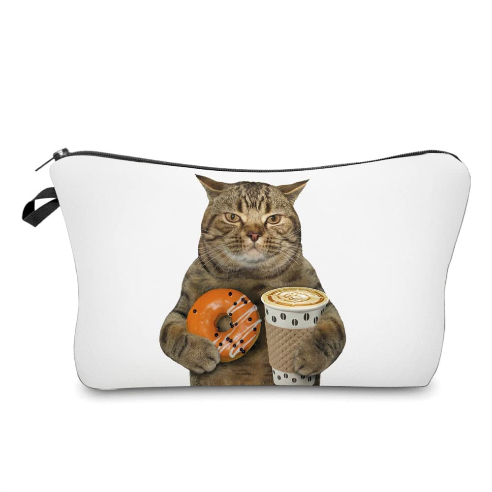 Cosmetic Bags for Women Small Funny Cat Holding Donut and Coffee Makeup Bag for Purse Travel Toiletry Bag Accessories Organizer 