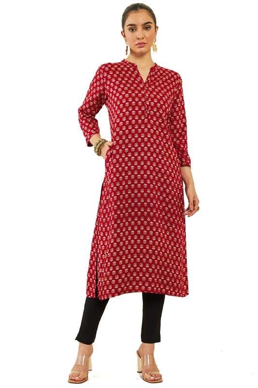 Soch Women Rayon Floral Foil Print Straight Kurta with Pocket