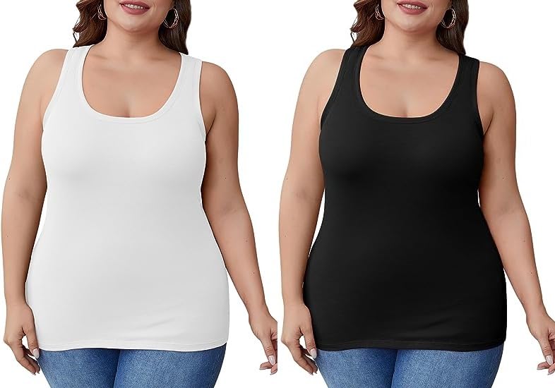 SHAPERX Women Tank Tops Summer Sleeveless Basic Cami Top Shirt Pack of 2 Plus Size (Black & White) (3XL) 3