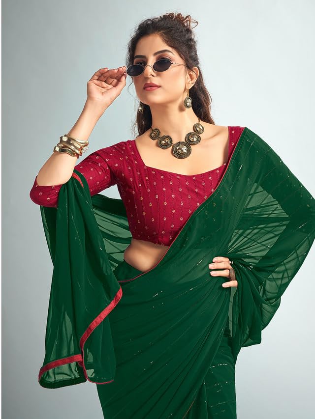 Satrani Womens Georgette Sequence Work & Piping Border Saree with Unstitched Blouse Piece