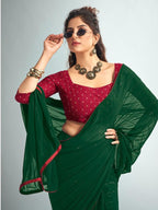 Satrani Womens Georgette Sequence Work & Piping Border Saree with Unstitched Blouse Piece