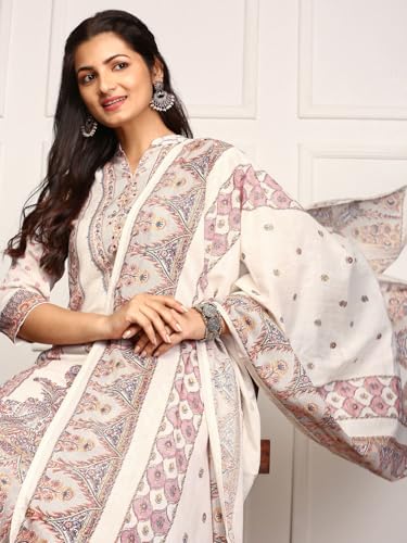 Ishin Ethnic Motifs Woven Design A-Line Pure Cotton Kurta With Trousers & Dupatta | Kurta Set For Women | Kurta With Trousers An