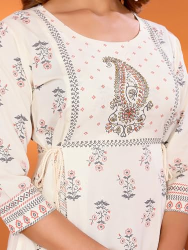Rangita Off White Rayon Flared Embellished Calf Length Kurti | Kurta For Women