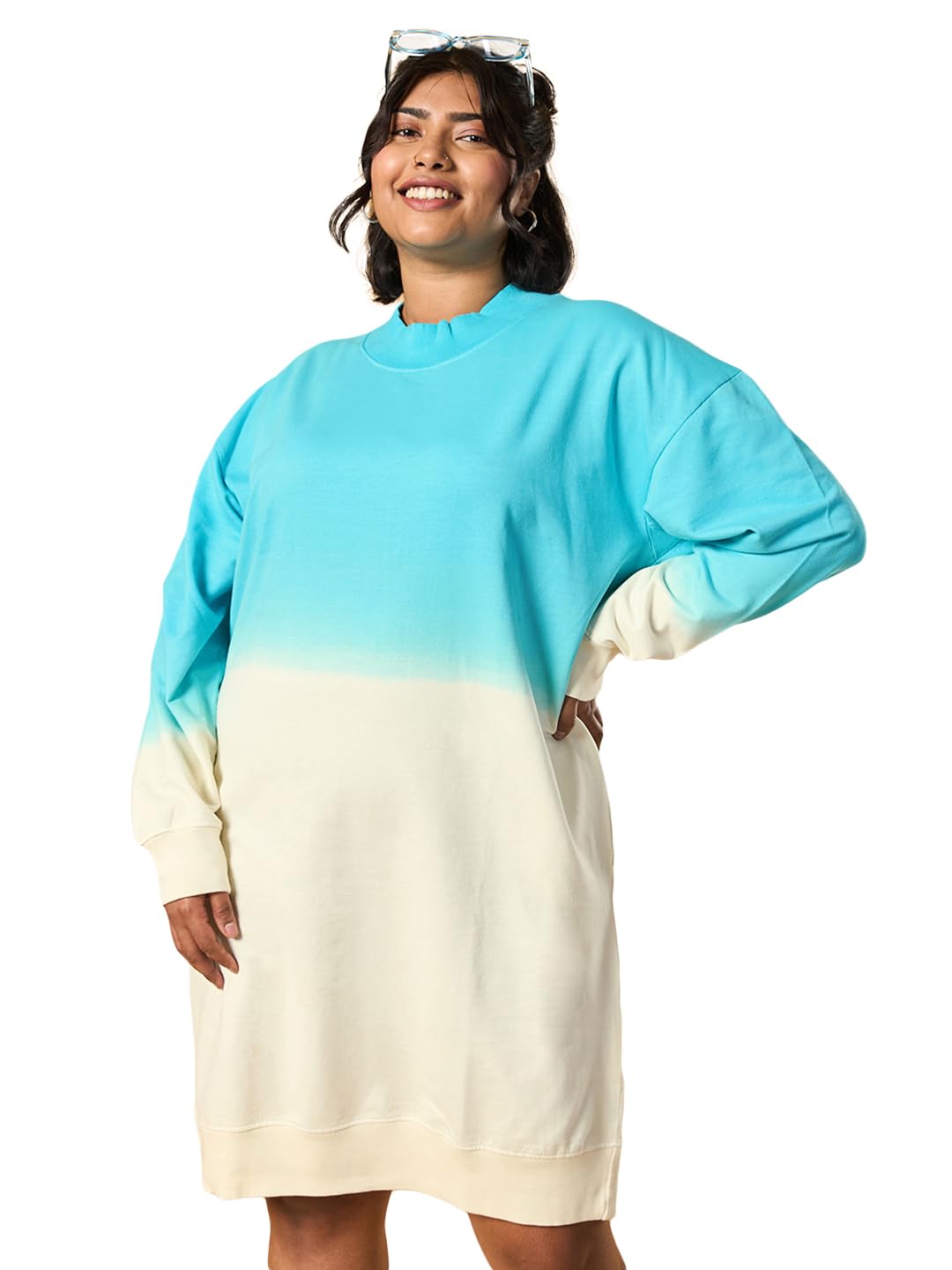 Bewakoof Heavy Duty 1.0 WomenS Ombre Oversized Fit Full Sleeve High Neck Cotton Plus Size Sweatshirt Dress_614104_Beige_6Xl