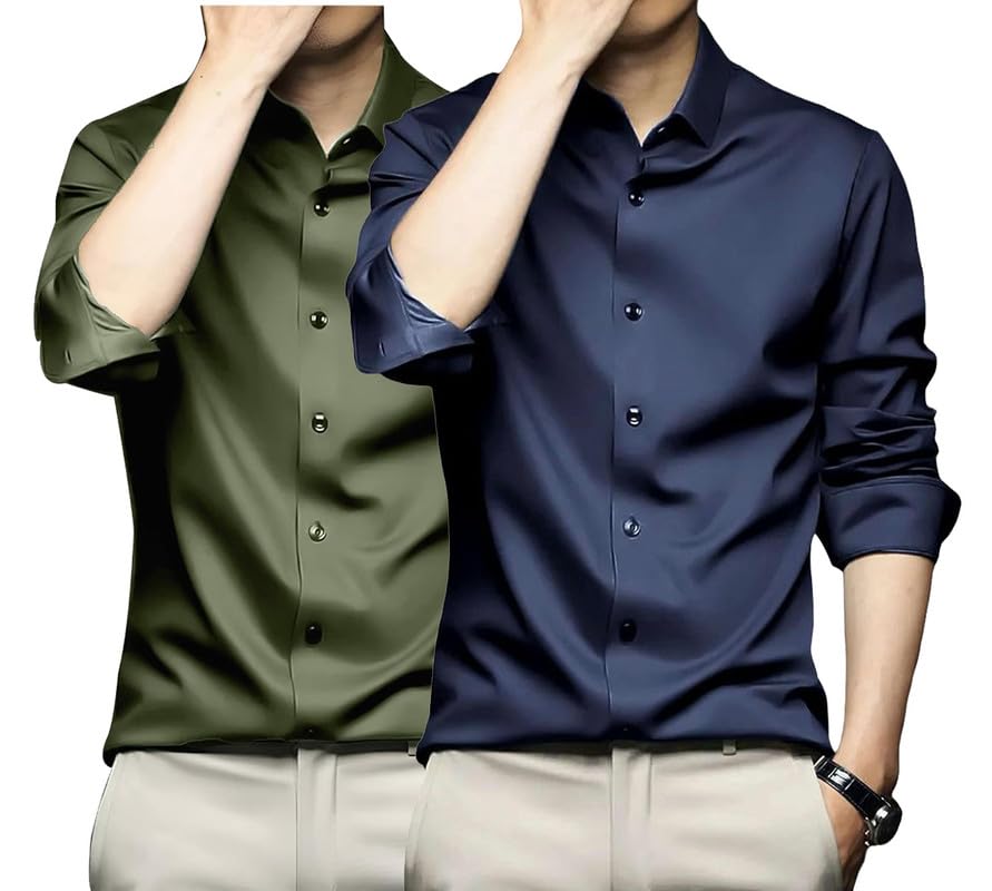Deelmo Combo Of MenS Stylish Solid Satin Casual Shirt For Men Full Sleeves| Poly Satin Silk Shirt Pack Of 2
