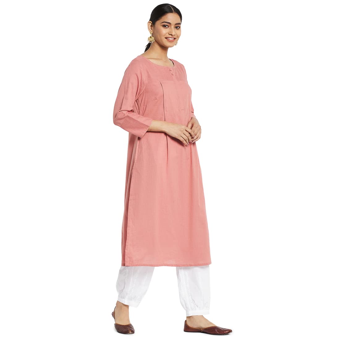 Fabindia Women Neck Woven Cotton Long Kurta Round_Pink