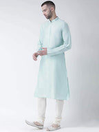 Kisah Cotton Blend Turquoise Blue Kurta For Men, Full Sleaves, Knee Length, Straight, Regular Fit, Mandarin Collar, Geometric Em