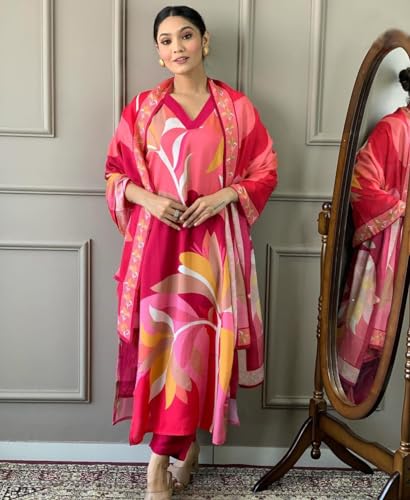 ANNI DESIGNER Womens Cotton Blend Printed Straight Kurta with Pant & Dupatta (Tumari Pink_XL_Pink_X-Large)