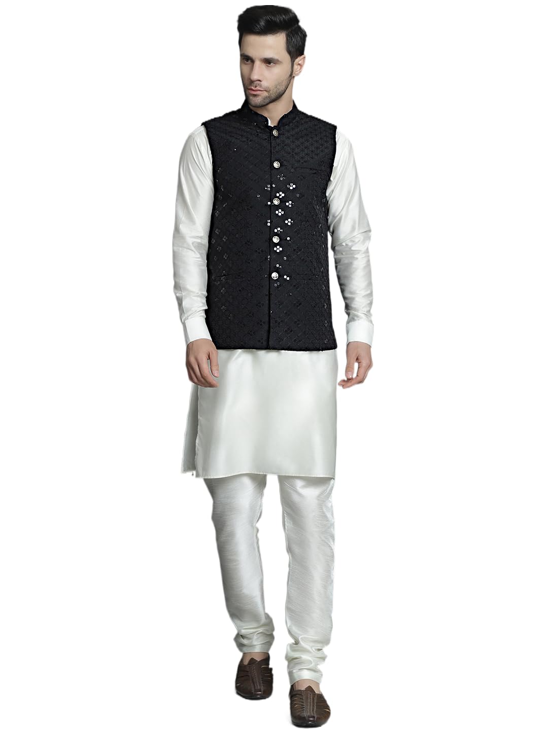 Jompers Mens Sequins And Embroidered Nehru Jacket With Solid Kurta Pyjama Set