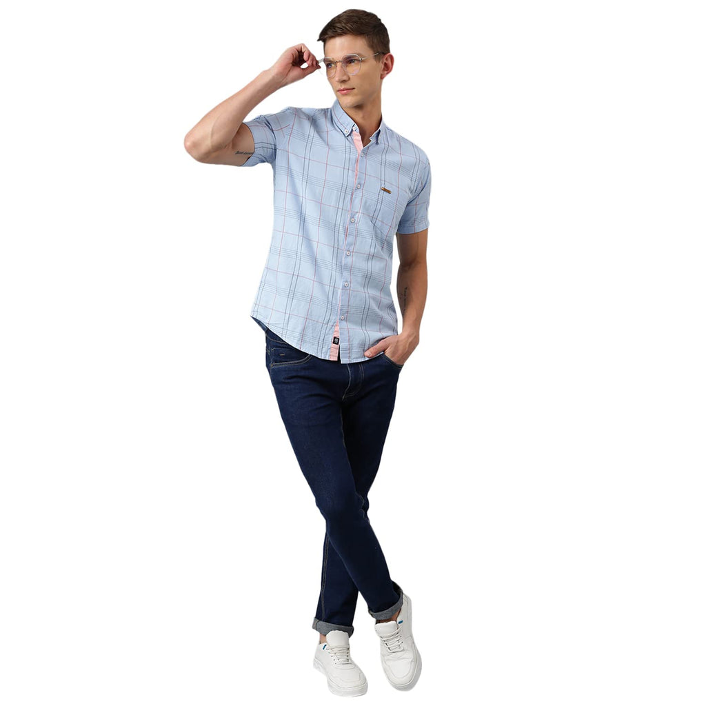 Thomas Scott Mens Checkered Slim Fit 100% Cotton Casual Shirt with Button Down Collar and Half Sleeve Blue