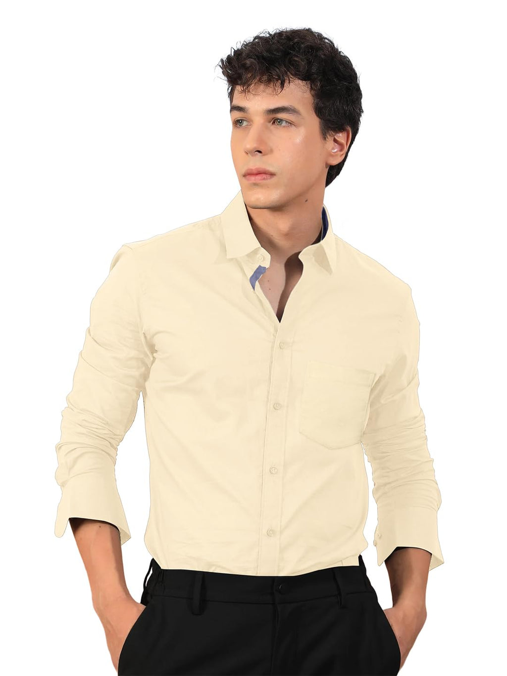 Pinkmint Mens Long Sleeve Button Down Light Beige Shirt for Men Collared Casual Formal Soild Shirt