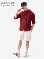 The Souled Store Maroon Mens and Boys Long Sleeves Collared Neck Button Front Oversized Fit Cotton Linen Shirt