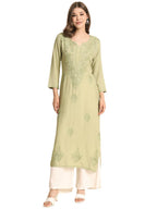 VAIRAGEE Womens Rayon Straight Cut Round Neck Kurta with Beautiful Lucknowi Chickenkari Work (1593) Olive Green