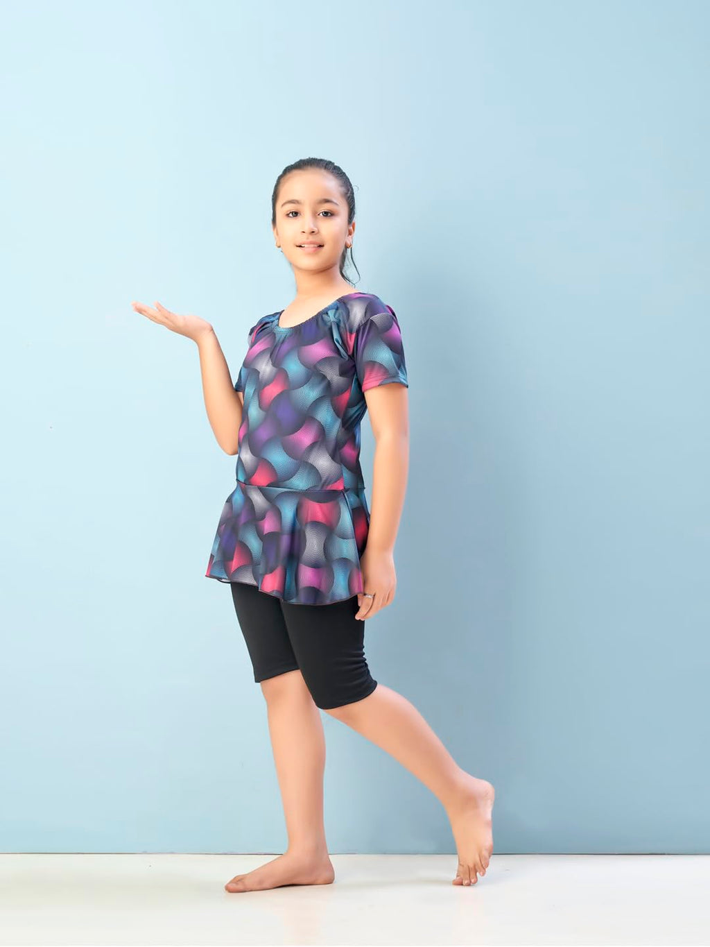 Aarika Girls Sports Wear Multi-Black Colour Abstract Print Nylon Swim Suit (5-15 Years)-(SW-SHM-CA-1120)