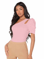 Shasmi Womens & Girls Peach Short Puff Sleeve, One Shoulder Neck, Ruched Bust Solid Tops for Women/Tops, T-Shirts for Girls (T