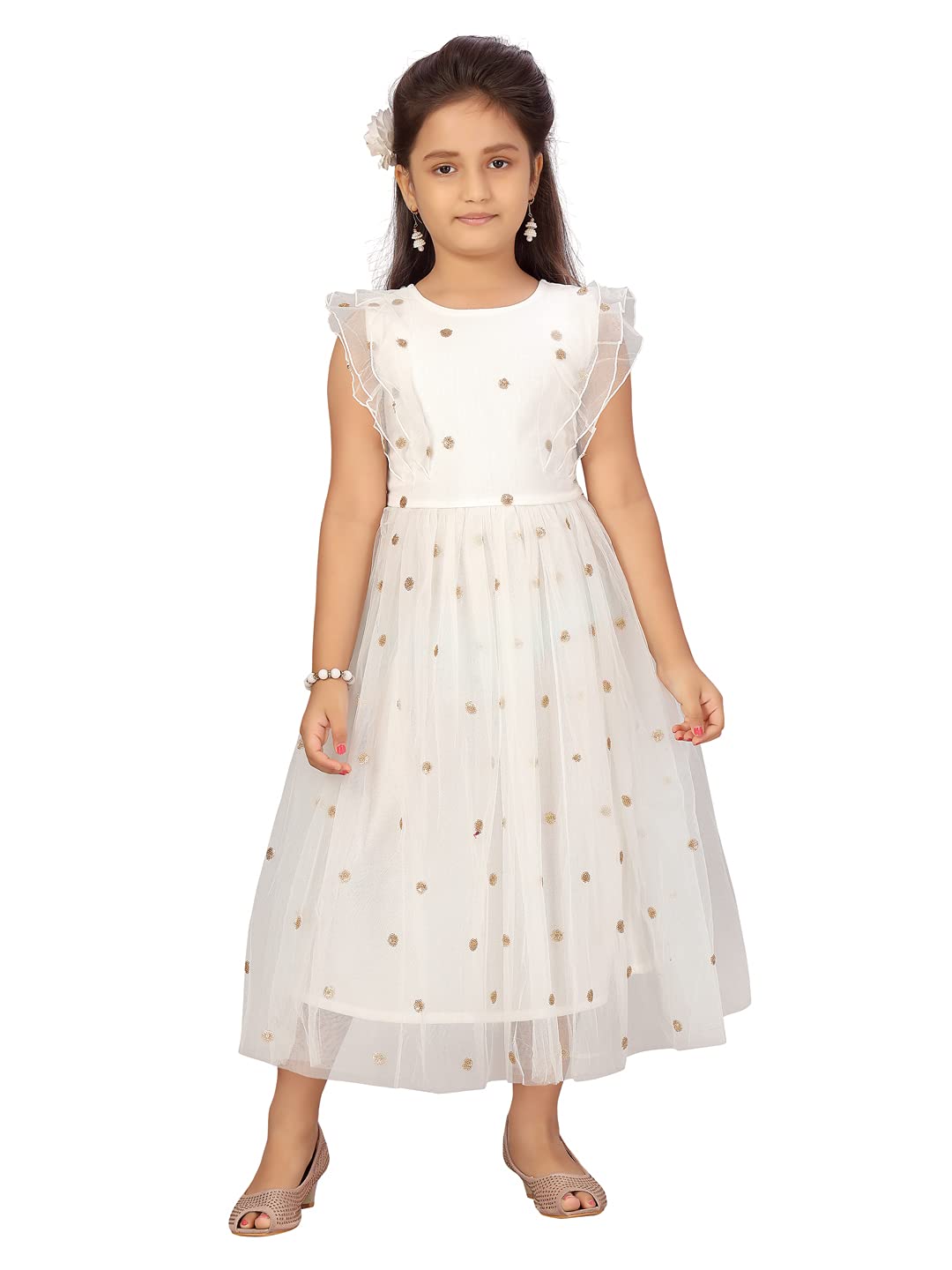 Aarika Girls Net A-Line Maxi Dress (G-21308_White_10-11 Years)