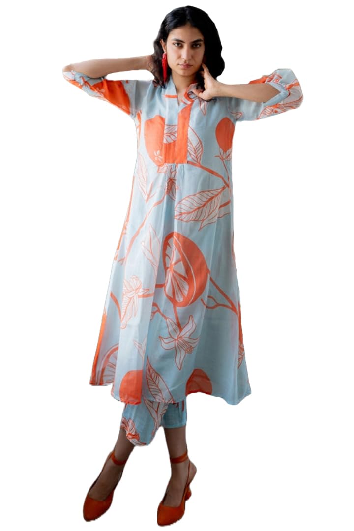 ANNI DESIGNER Womens Cotton Blend Anarkali Printed Kurta with Pant (Santra Orange_L_Orange_Large)