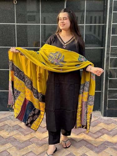 ANNI DESIGNER Ladies Cotton Blend Kurta with Trousers and Dupatta, Black, S