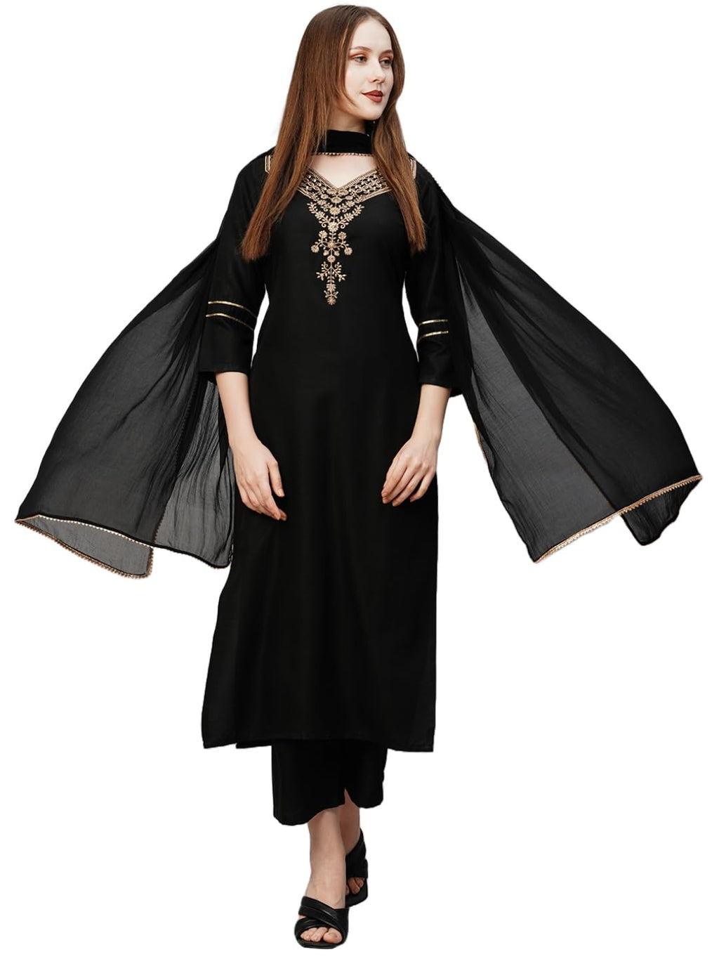 GoSriKi Womens Cotton Blend Floral Straight Kurta with Pant & Dupatta (Dacia-GS_Black_Large)