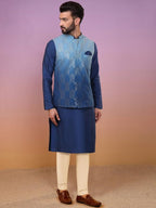 Kisah MenS Kurta Jacket Trouser Set, Navy Blue Cotton Blend, Embroidered Regular Fit Mandarin Collar Long Sleeves (40)