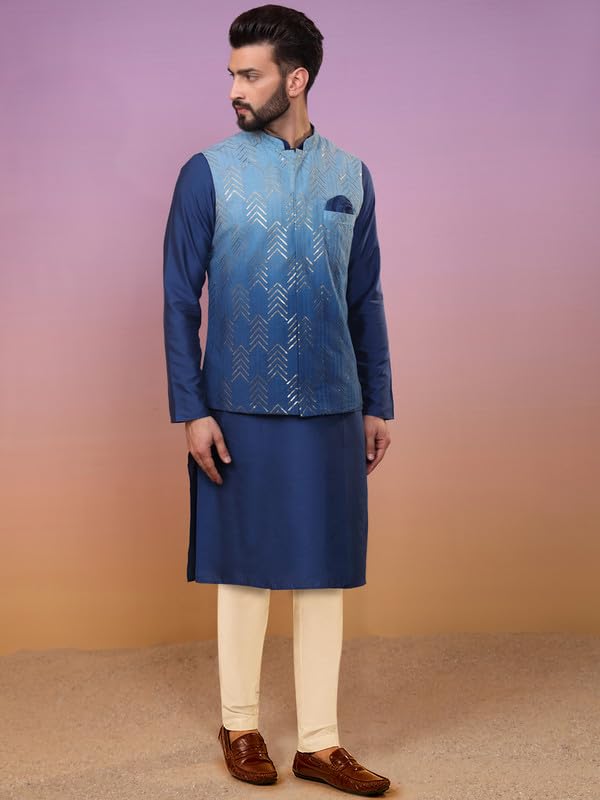 Kisah MenS Kurta Jacket Trouser Set, Navy Blue Cotton Blend, Embroidered Regular Fit Mandarin Collar Long Sleeves (40)