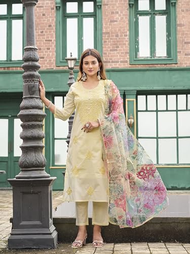 Womanista Womens Pure Cotton Solid Straight Kurta Set with Dupatta (Kurtaset_1475_Yellow