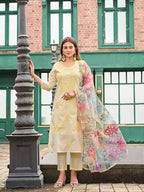 Womanista Womens Pure Cotton Solid Straight Kurta Set with Dupatta (Kurtaset_1475_Yellow