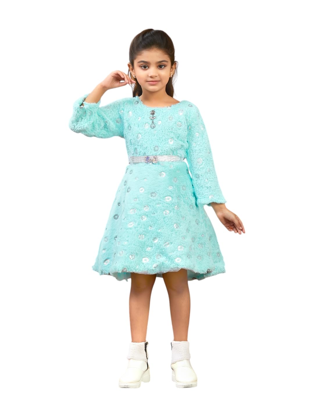 Aarika Girls Turquoise Colour Foil Print Winter Woolen Dress with Belt (3-9 Years)