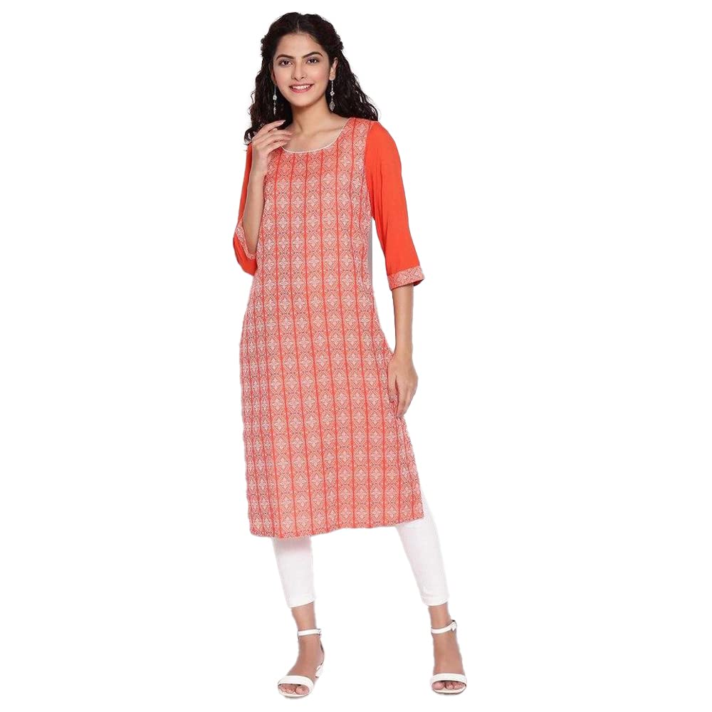 Aurelia Round Neck Cotton Womens Knee Length Kurta (S21Aua11871A002,Orange,Small)