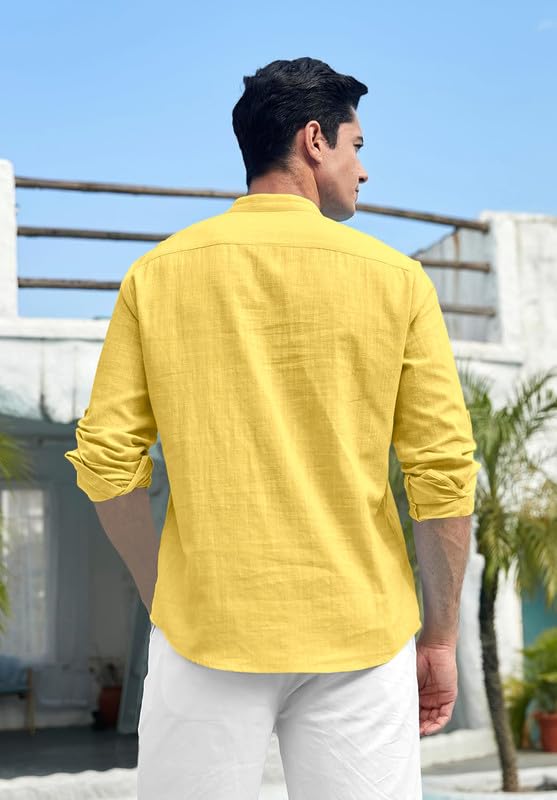 Macsivo MenS Cotton Polyester Blend Solid Regular Fit Full Sleeve Short Kurta | Lightweight Summer Short Kurta Yellow