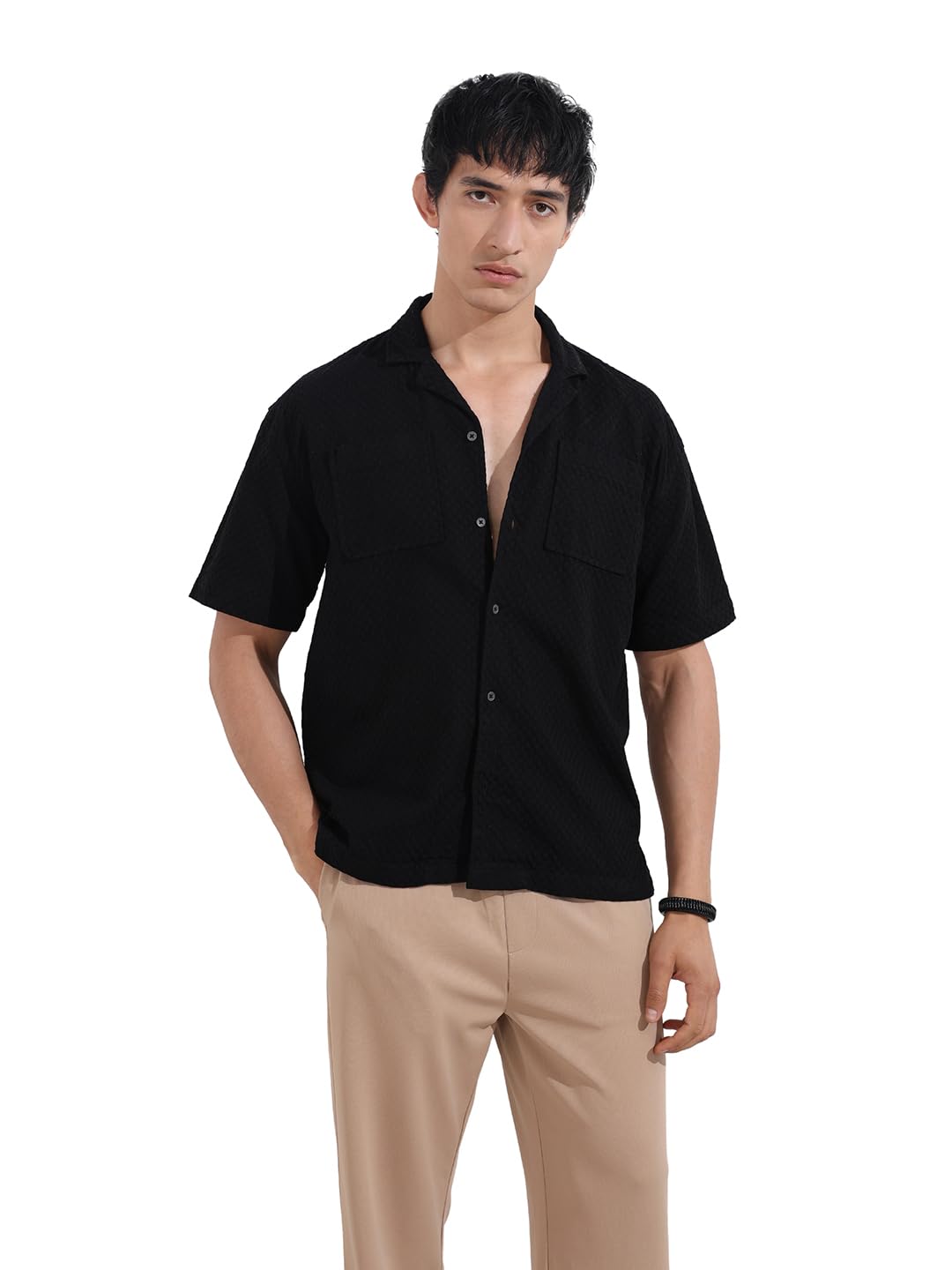 The Indian Garage Co Mens Relaxed Fit Geometric Print Cuban Collar Half Sleeves Resort Sweater