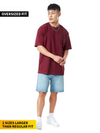 The Souled Store Men Basic Burgundy Solid Oversized T Shirts for Men Baggy Off-Shoulder Loose Fit Relaxed Drop Shoulder Half Sle