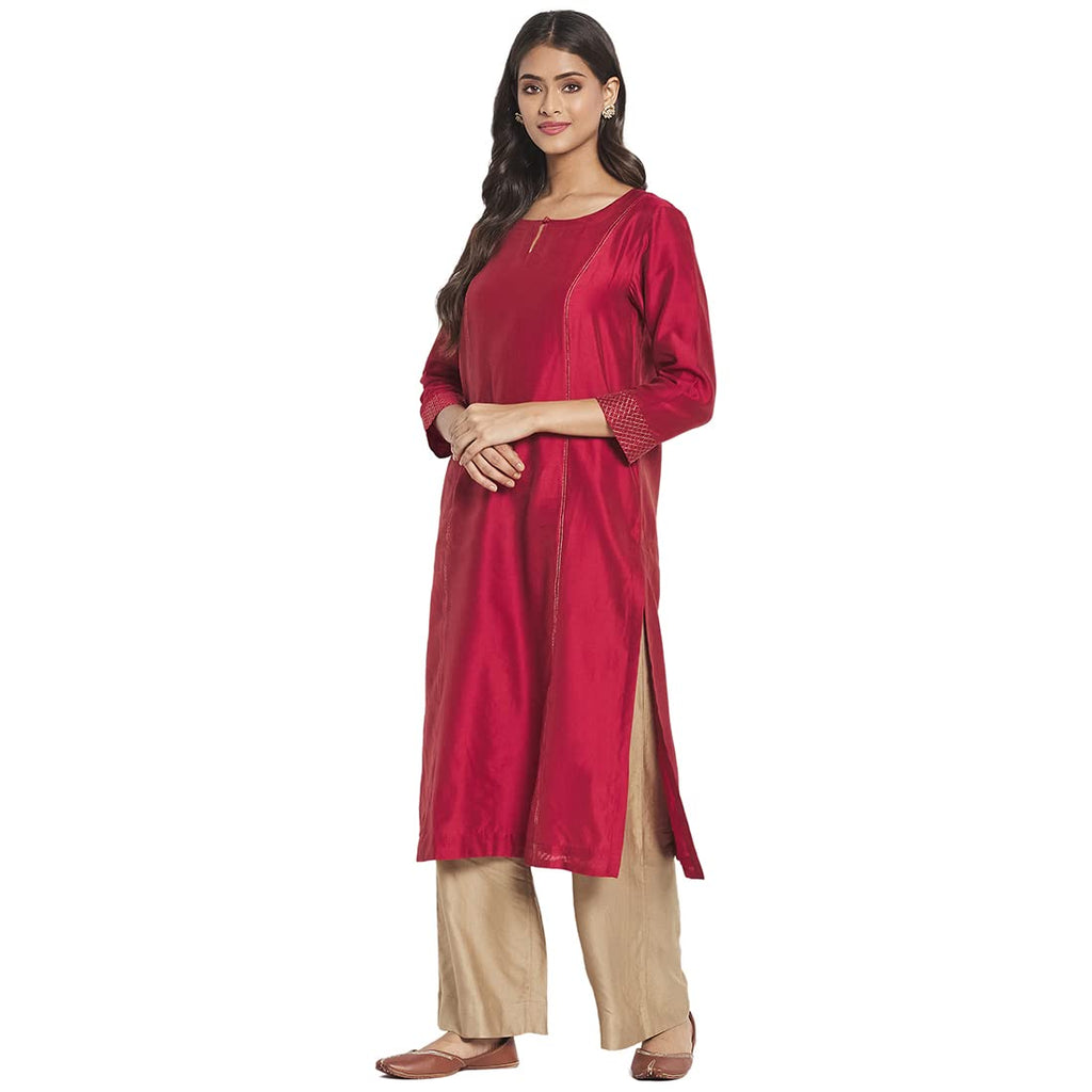 Fabindia Women Cotton Silk Embroidered Long Kurta Red