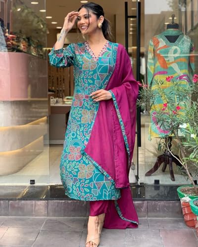 ANNI DESIGNER Womens Cotton Blend Straight Printed Kurta with Pant & Dupatta (DOWN-RAMA-Green_L_Green_Large)