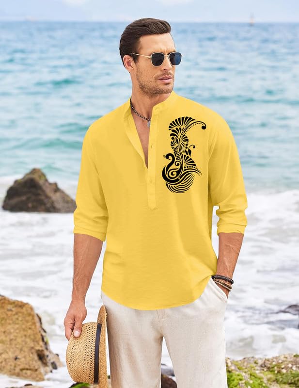 Finivo Fashion MenS Printed Cotton Blend Short Kurta With Artistic Chest Design | Stylish Full Sleeve Casual Kurta With Mandarin