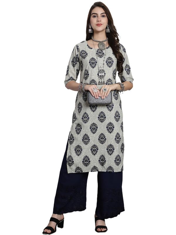 Pinkmint Crepe Printed Straight A-Line Round Neck Stylish Kurti For Women (Pack 1) Olive