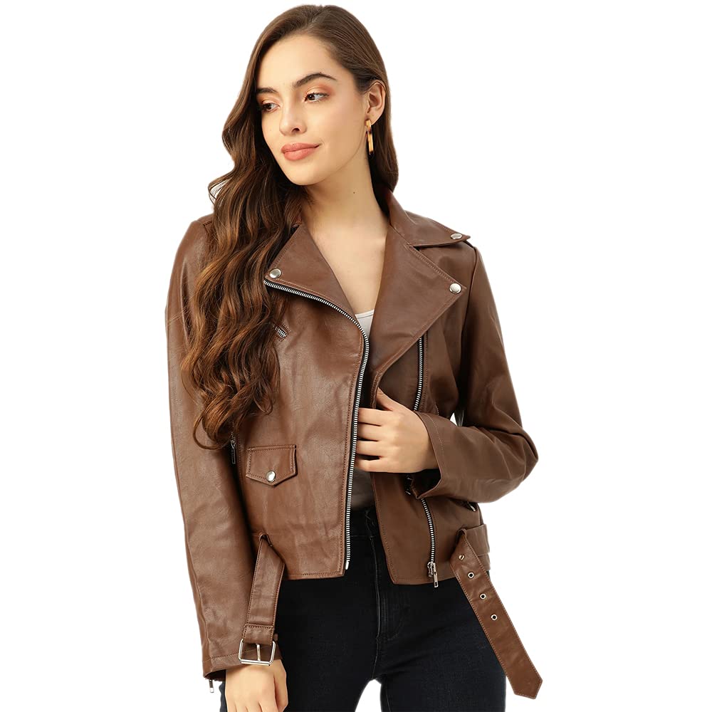 Leather Retail Womens Solid Leather Standard Length Biker Jacket (LRF11BRSM11_Brown_S)