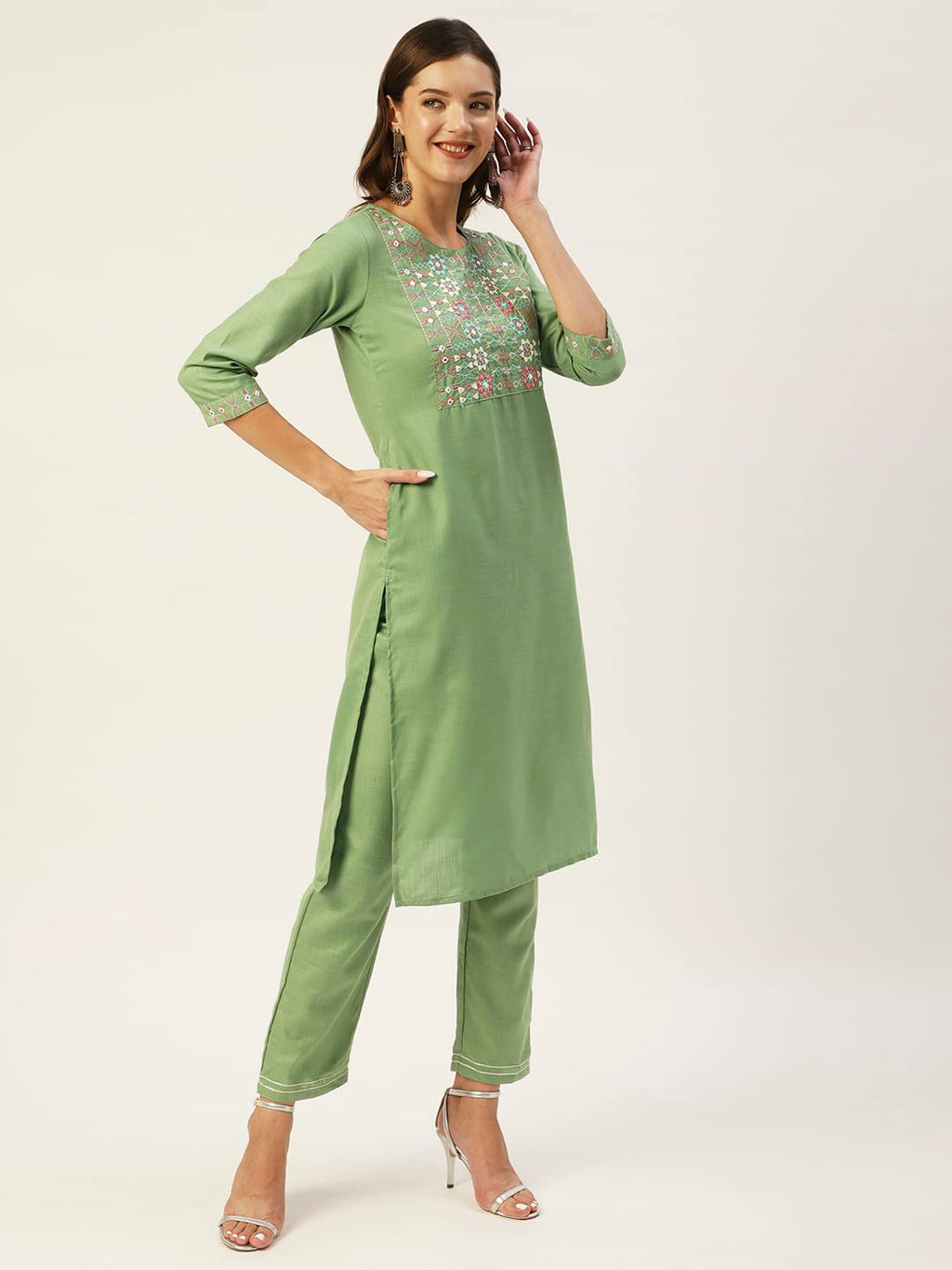 Anubhutee Women'S Cotton Blend Olive Green Mirror Work Ethnic Motifs Embroidered Straight Kurta Suit Set With Pants
