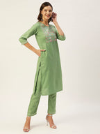 Anubhutee Women'S Cotton Blend Olive Green Mirror Work Ethnic Motifs Embroidered Straight Kurta Suit Set With Pants