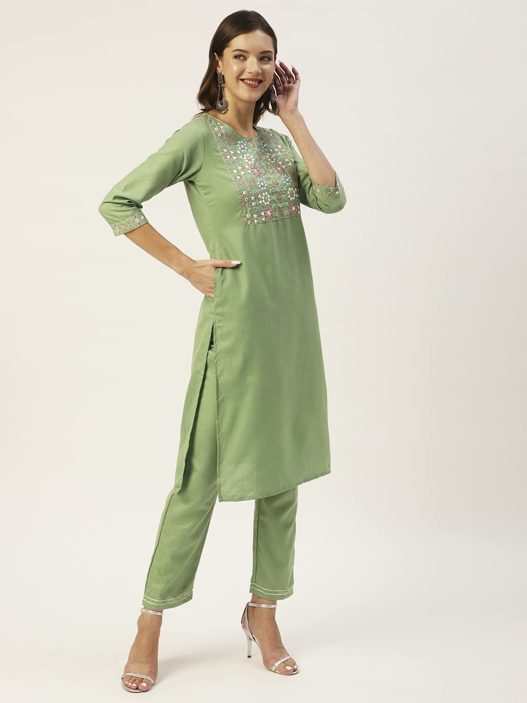 Anubhutee Women'S Cotton Blend Olive Green Mirror Work Ethnic Motifs Embroidered Straight Kurta Suit Set With Pants