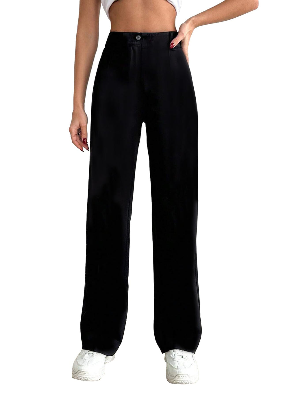 Toochki Womens Regular Fit Elastic Waist Full Length Black Spandex Formal Trouser for Casual Wear, Office Wear