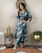 ANNI DESIGNER Womens Cotton Blend Straight Printed Kurta with Pant (DHUN Cerosin_M_Dark Blue_Medium)