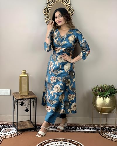 ANNI DESIGNER Womens Cotton Blend Straight Printed Kurta with Pant (DHUN Cerosin_M_Dark Blue_Medium)